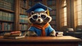 Cute raccoon in bachelor\'s cap in the library educational learning bachelor banner