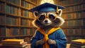 Cute raccoon in a bachelor\'s cap in the library educational learning bachelor banner