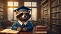 Cute raccoon in a bachelor\'s cap in the library educational learning bachelor