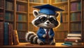 Cute raccoon in a bachelor\'s cap in the library educational learning