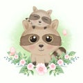 Cute raccoon and butterflies with flower hand drawn cartoon animal illustration Royalty Free Stock Photo