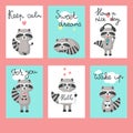 Cute raccoon cards vector template set