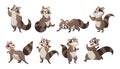 Cute raccoon. Cartoon wild forest animal with tail and paws standing in funny poses. Zoological collection. Fluffy mascot with