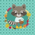 Cute Raccoon character with basket full of autumn figments.