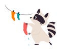 Cute Raccoon Character with Ringed Tail Hanging Socks on Rope Vector Illustration