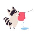 Cute Raccoon Character with Ringed Tail Hanging Wet Clothes on Rope Vector Illustration