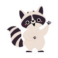 Cute Raccoon Character with Ringed Tail Smiling and Waving Paw Vector Illustration