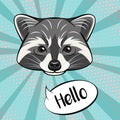 Cute raccoon character showing greeting gesture, saying hello, cartoon illustration