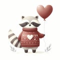 Cute Raccoon Holding Heart Balloon Valentine\'s Day white backgrounds Royalty Free Stock Photo