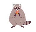 Cute raccoon eating pizza piece. Funny adorable racoon with food slice in paws. Amusing lovely animal sitting with snack