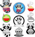 Cute raccoon eating ramen noodles, funny illustration, mascot emblem Royalty Free Stock Photo