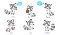 Cute Raccoon Engaged in Eating and Running Activity Vector Set