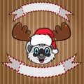 Cute Raccoon Head With Christmas Hat. Blank label and banner. Character, Mascot and Icon. Royalty Free Stock Photo