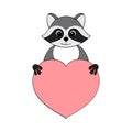 Cute raccoon with a heart. Postcard for Valentine`s Day. Element for the design of prints, posters, stickers, postcards. Vector