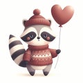 Cute Raccoon Holding Heart Balloon Valentine\'s Day white backgrounds Royalty Free Stock Photo