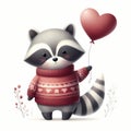 Cute Raccoon Holding Heart Balloon Valentine\'s Day white backgrounds Royalty Free Stock Photo