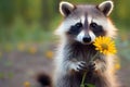 cute raccoon holding yellow flower in paws outdoors with green background