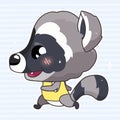 Cute raccoon kawaii cartoon vector character. Adorable and funny animal running, jogging isolated sticker, patch. Anime baby