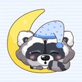 Cute raccoon kawaii cartoon vector character. Adorable and funny animal sleeping isolated sticker, patch. Night time, bedtime.