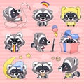 Cute raccoon kawaii cartoon vector characters set. Adorable and funny smiling animal isolated stickers, patches, kids book