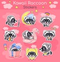 Cute raccoon kawaii cartoon vector characters set. Adorable and funny smiling animal isolated stickers, patches, kids book