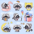 Cute raccoon kawaii cartoon vector characters set. Adorable and funny smiling animal isolated stickers, patches pack. Anime baby