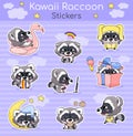 Cute raccoon kawaii cartoon vector characters set. Adorable and funny smiling animal isolated stickers, patches pack. Anime baby