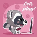 Cute raccoon kawaii character social media post mockup. Lets play lettering. Positive poster, card template with animal playing