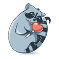 Cute raccoon licks a sweet heart-shaped lollipop. Cartoon animal. Love concept, valentines day. Vector Royalty Free Stock Photo