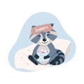 Cute raccoon with a mask for sleep holding a mug of cocoa, Animals for decorating a childs room, vector illustration in