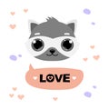 cute raccoon with message love, black lettering