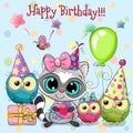 Cute Raccoon and owls with balloon and bonnets