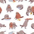 Cute raccoon pattern. Seamless background with funny baby animal eating, sleeping. Repeating print with lovely character
