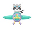 Cute raccoon pilot wearing aviator goggles flying an airplane. Graphic element for childrens book, album, scrapbook, postcard,