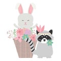 Cute raccoon and rabbit in basket bohemian style