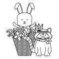 Cute raccoon and rabbit in basket bohemian style