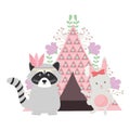 Cute raccoon and rabbit with indian tent boho style