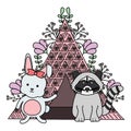 Cute raccoon and rabbit with indian tent boho style