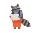 Cute raccoon reading paper map, going on trip or vacation vector flat illustration. Funny wild animal with backpack