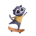 Cute raccoon on skateboard watercolor illustration with cartoon character