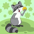 Cute raccoon sits on a green meadow and eats. Vector