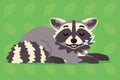 Cute raccoon sleeping. Vector illustration of a sleepy coon on green background. Emoji. Element for your design