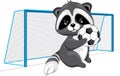 Cute raccoon with a soccer ball at the goal