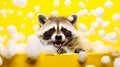 A cute raccoon takes a refreshing bath, surrounded by foamy soap bubbles