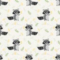 Cute raccoon and tiny flower seamless pattern