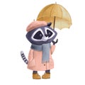 Cute raccoon in warm coat with umbrella, watercolor illustration, autumn clipart with cartoon character