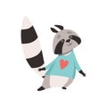 Cute Raccoon Wearing Longsleeve with Heart, Funny Humanized Grey Coon Animal Character Vector Illustration