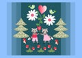 Cute raccoons holding hands in fairy tale summer forest. Big daisy flowers and heart.