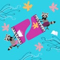 Cute raccoons musicians. Beautiful card with cartoon animal characters playing grand piano