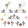 Cute raccoons - young sportsmen. Set of cartoon animals.